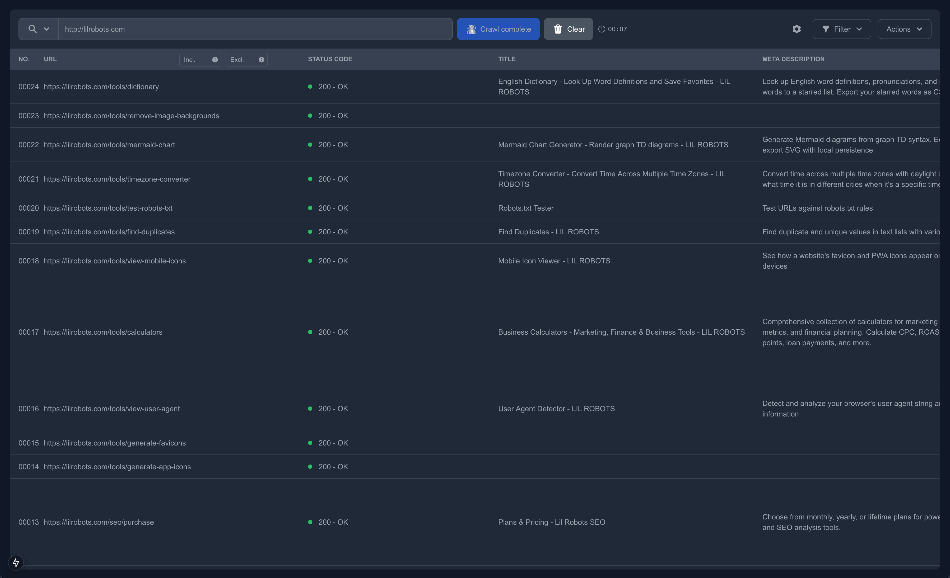 Lil Robots SEO Crawler Interface