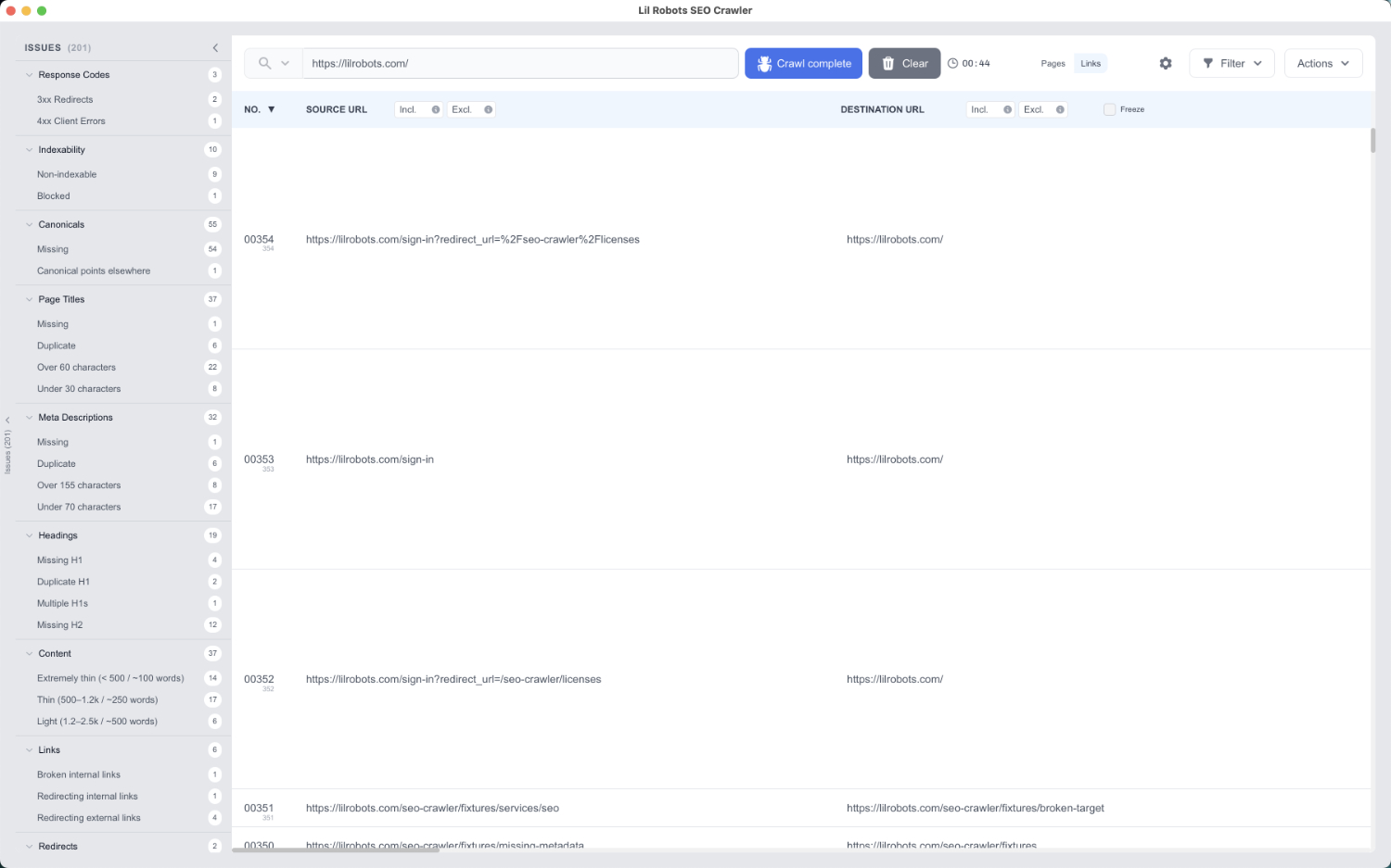 Lil Robots SEO Crawler links table showing source URLs, destination URLs, link types, and crawl status.