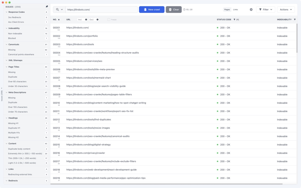 Lil Robots SEO Crawler showing issue filters and crawled page results.