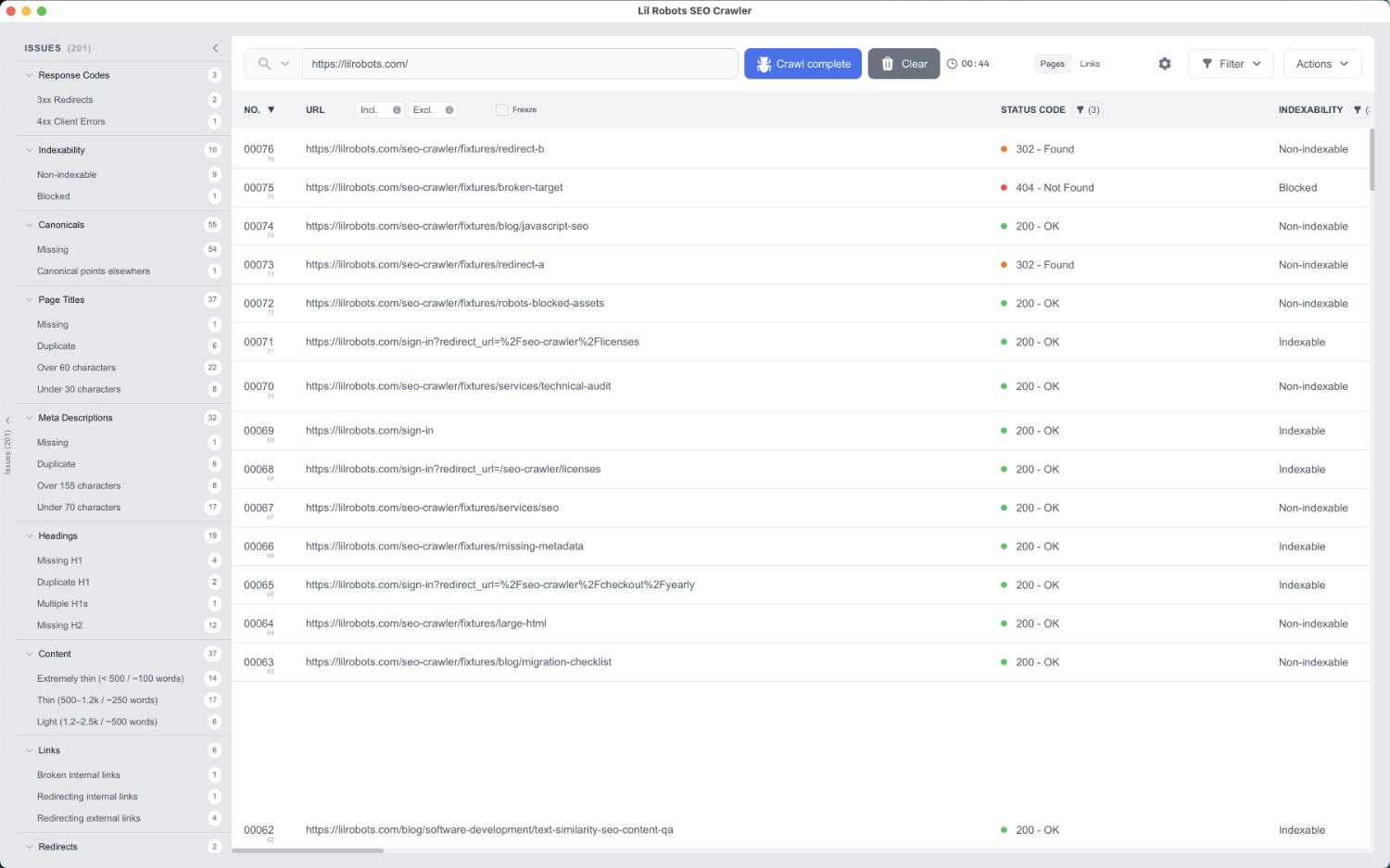 Lil Robots SEO Crawler desktop app showing issue filters, crawled page URLs, status codes, and indexability results.