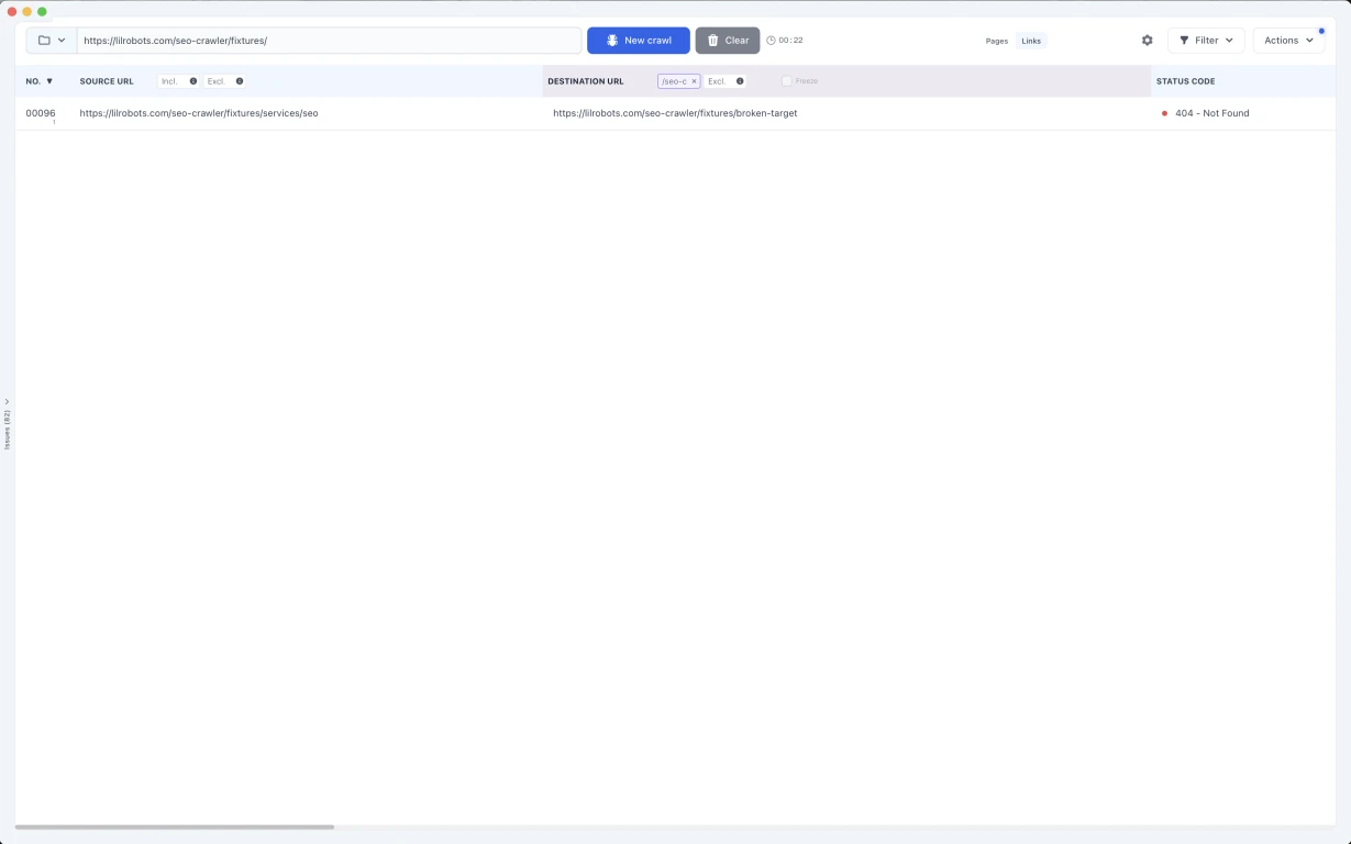 A filtered Links table showing the source page, broken destination, and 404 status for a developer handoff.